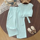 Girls Sea Green Textured Sleeveless Top with Wide Leg Pants Sets