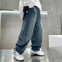 Boys Blue Typographic Patch Pocket Loose Fit Denim Jeans Pants