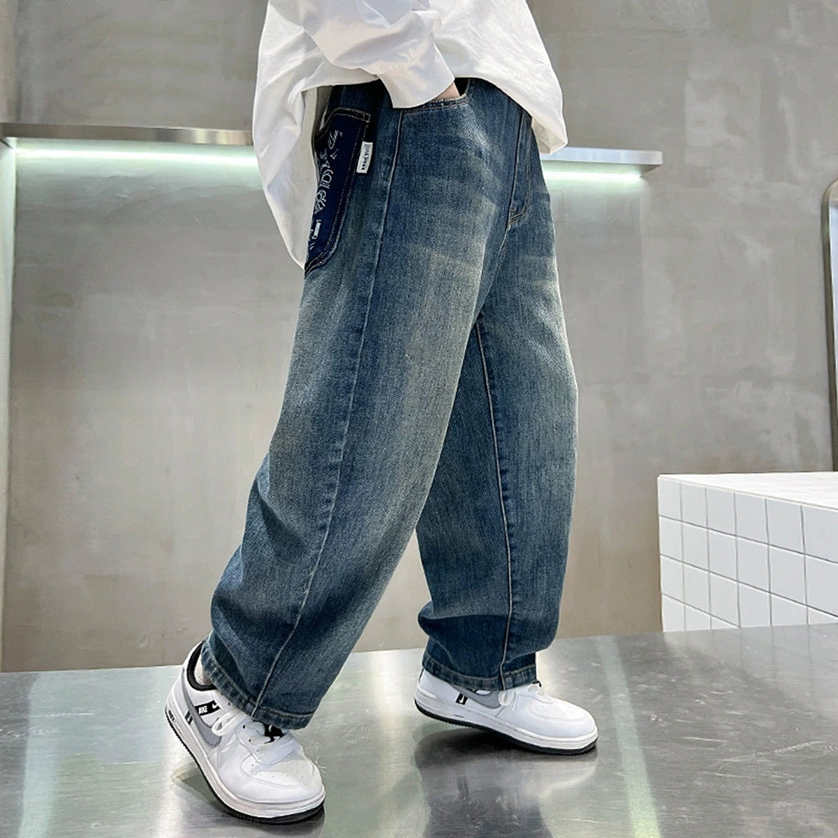 Boys Blue Typographic Patch Pocket Loose Fit Denim Jeans Pants
