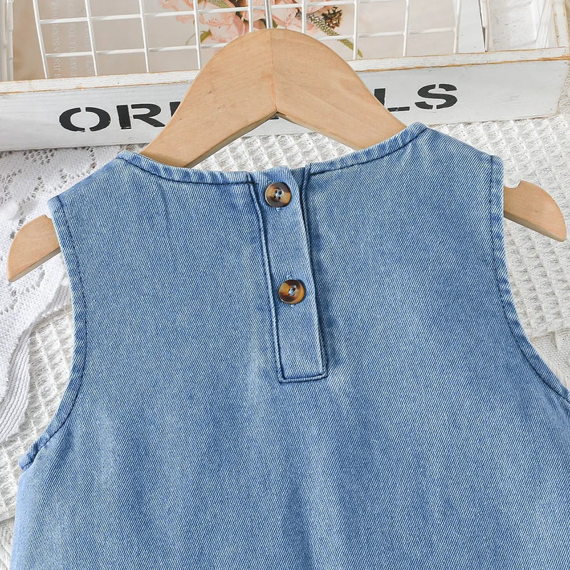 Girls Blue Bow Applique A-line Denim Dress Casual Dresses