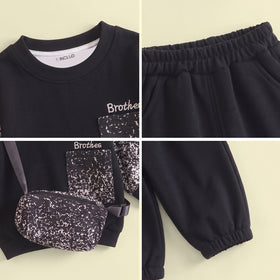Boys Black Typographic Sweatshirt With Joggers Sets Sets