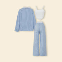 Girls Blue Striped Shirt & Flared Pants With Printed Cami Top Sets Sets