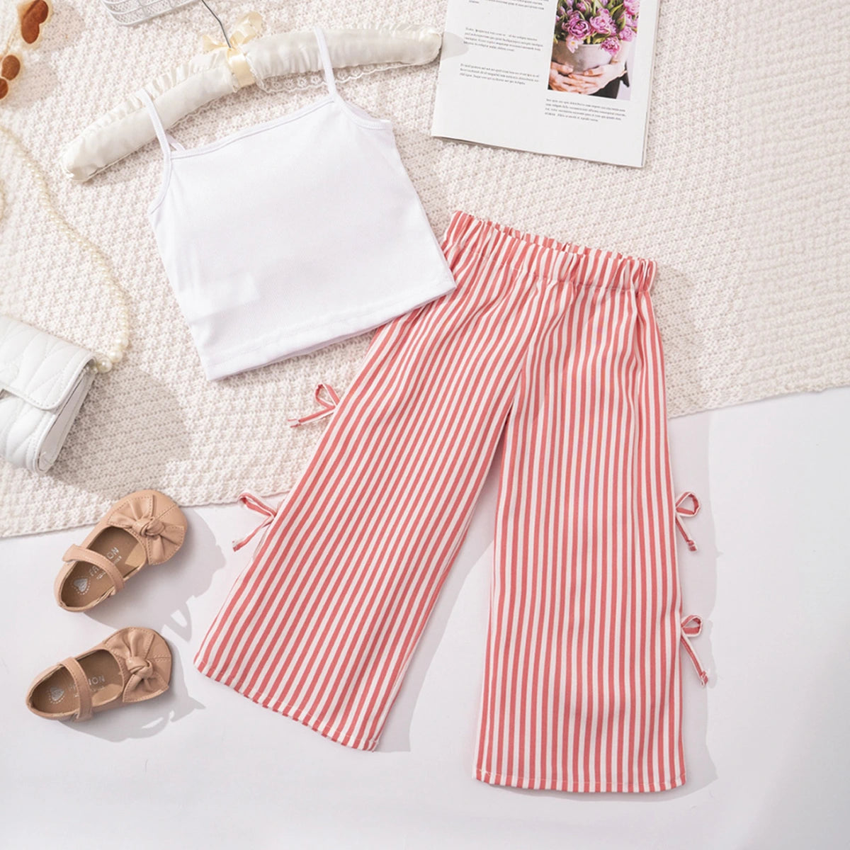 Girls Sleeveless Bow Applique Top With Pink Stripes Pants Set Sets