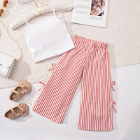 Girls Sleeveless Bow Applique Top With Pink Stripes Pants Set Sets