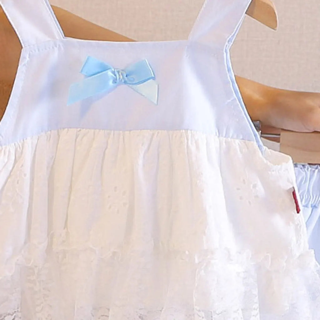 Girls Light Blue Sleeveless Lace Hem Top With Bloomer-style Shorts Sets Sets