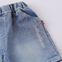 Boys Grey Typographic Print Short Sleeves T-Shirt With Denim Shorts Set Sets