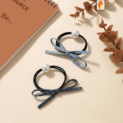 Pack of 2 Pcs Girls Multicolour Denim Bow Pearl Ponytail Holders Clips Multicolor Onesize