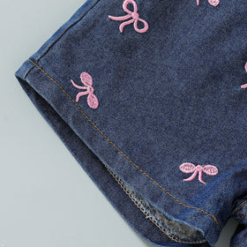 Girls Pink Bow Applique Crop Top With Embroidered Denim Shorts Set Sets