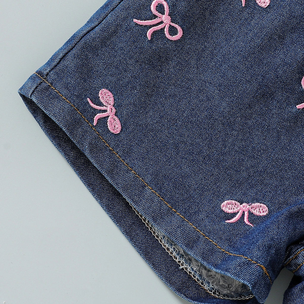 Girls Pink Bow Applique Crop Top With Embroidered Denim Shorts Set Sets