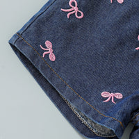 Girls Pink Bow Applique Crop Top With Embroidered Denim Shorts Set Sets