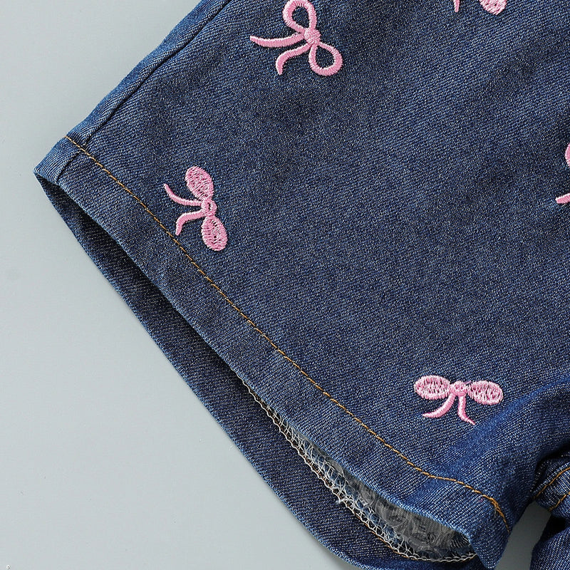 Girls Pink Bow Applique Crop Top With Embroidered Denim Shorts Set Sets