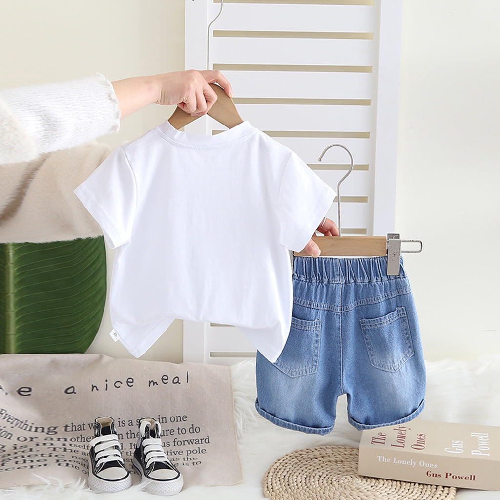 Boys White Graphic Printed Short Sleeves T-Shirt With Denim Shorts Set 2 pc. Sets