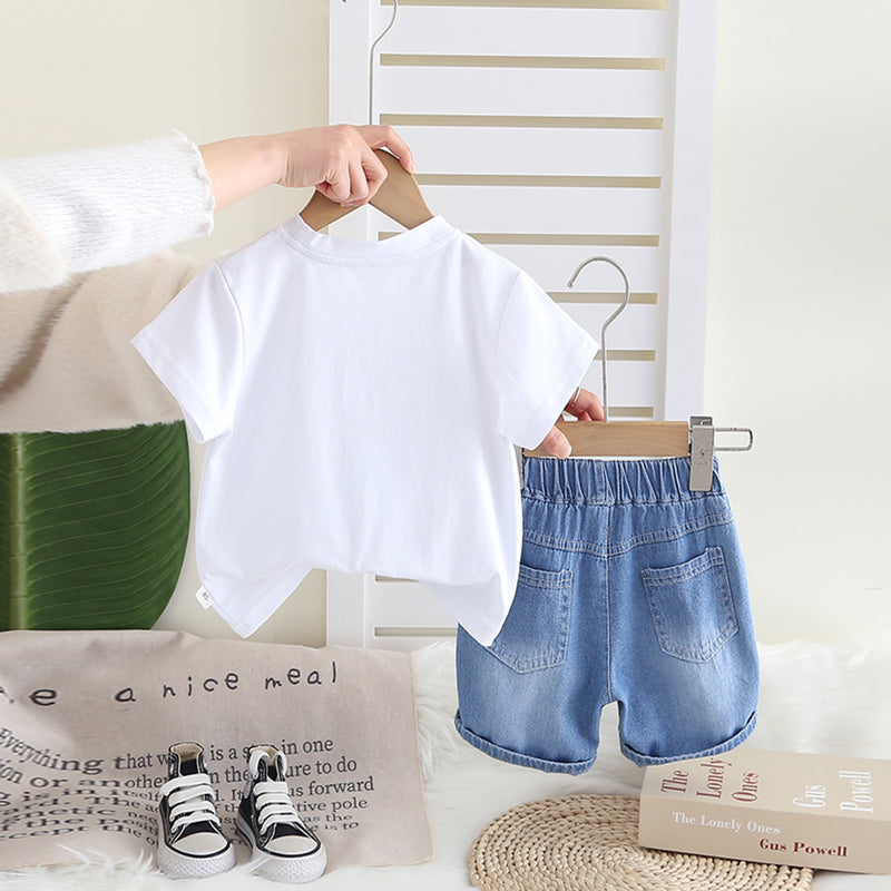 Boys White Graphic Printed Short Sleeves T-Shirt With Denim Shorts Set 2 pc. Sets