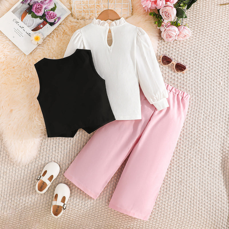 Girls Pink Applique Top With Sleeveless Vest And Trousers Sets 3 pc. Sets