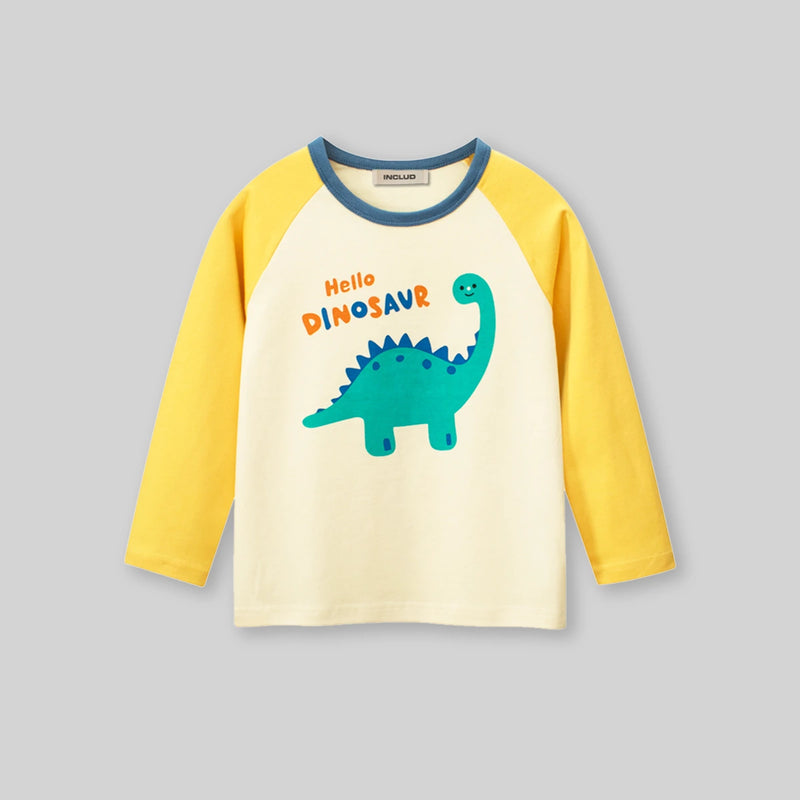 Boys Cream Dinosaur Printed Long Sleeves T-Shirt Tshirts