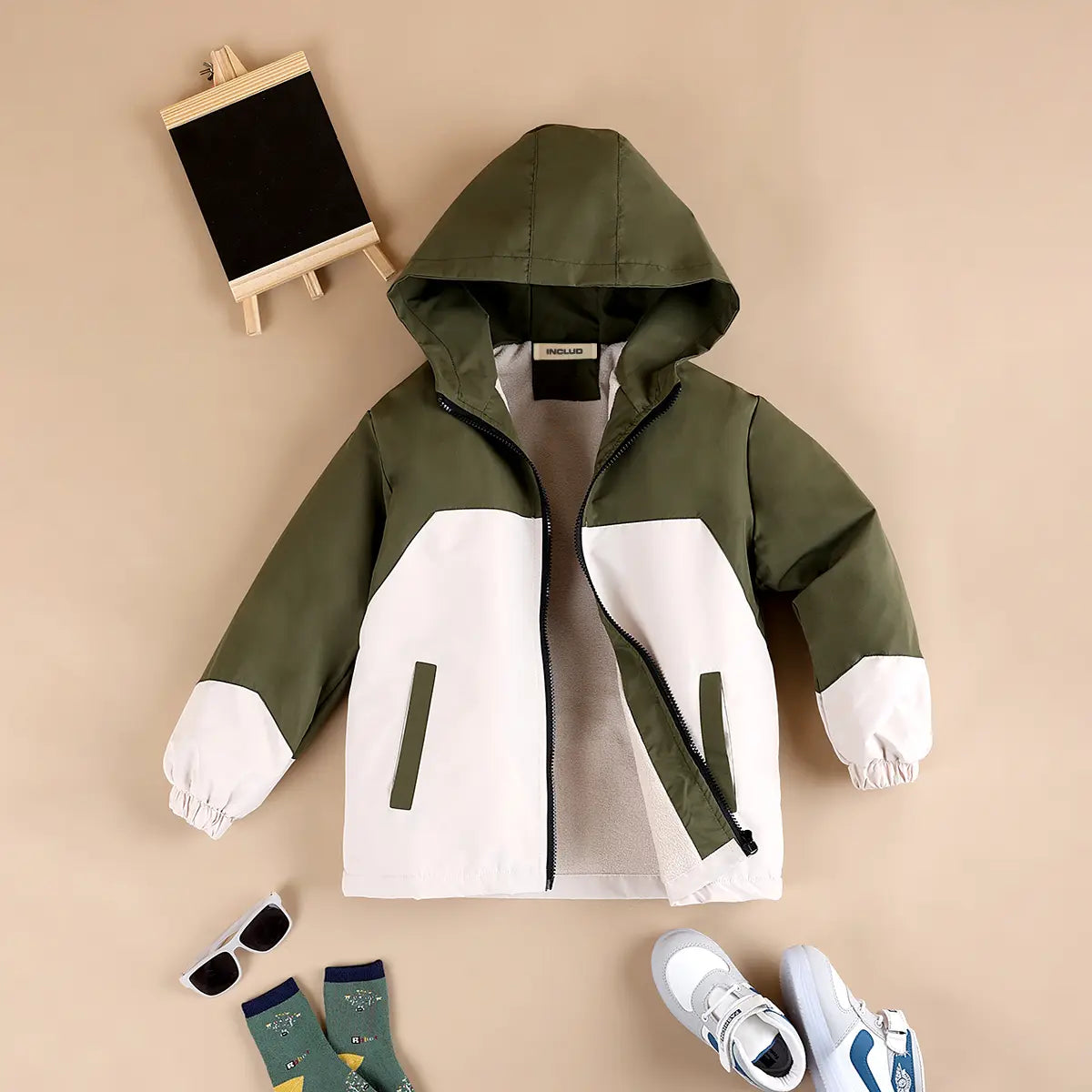 Boys Green Solid Hooded Zipper Jacket Coats & Jackets