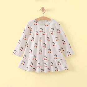 Girls White Cherry Print Long Sleeve A-line Dress Casual Dresses White 1-2 Y