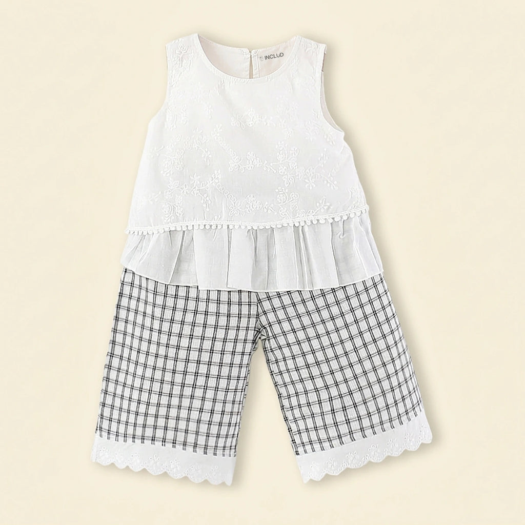 Girls White Floral Embroidered Top With Checked Pants Sets Sets