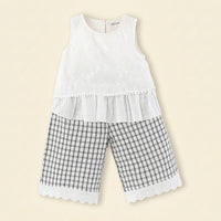 Girls White Floral Embroidered Top With Checked Pants Sets Sets