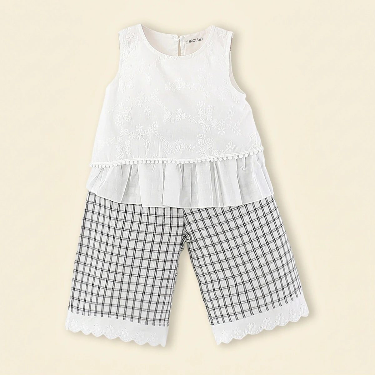 Girls White Floral Embroidered Top With Checked Pants Sets Sets