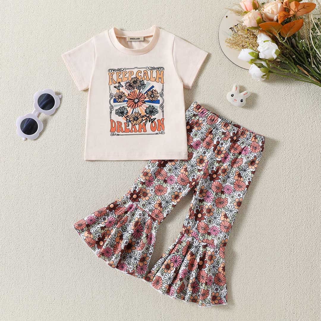 Girls Short Sleeve Floral Print T-Shirt With Printed Pants Set Sets Multicolor 1-2 Y 