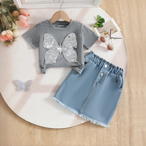 Girls Grey Butterfly Embellished Short Sleeve T-Shirt With Denim Skirt Sets 2 pc. Sets Grey 2-3 Y
