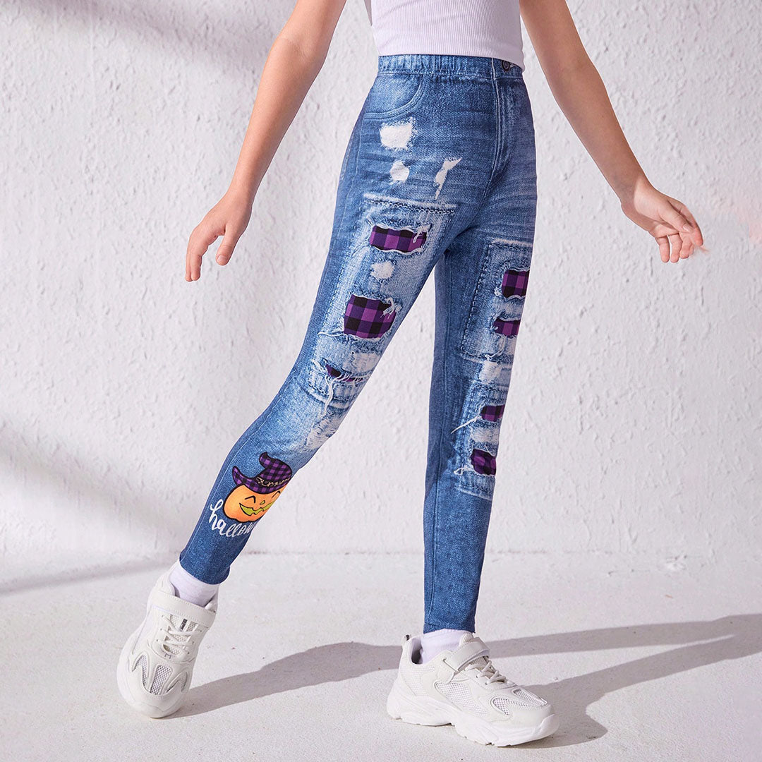 Girls Blue Distressed Denim Look Leggings Leggings & Tights