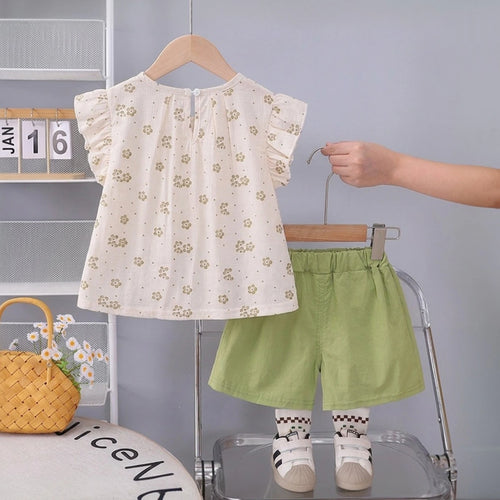 Girls Green Floral Printed Round Neck Top With Elasticated Shorts Sets 2 pc. Sets