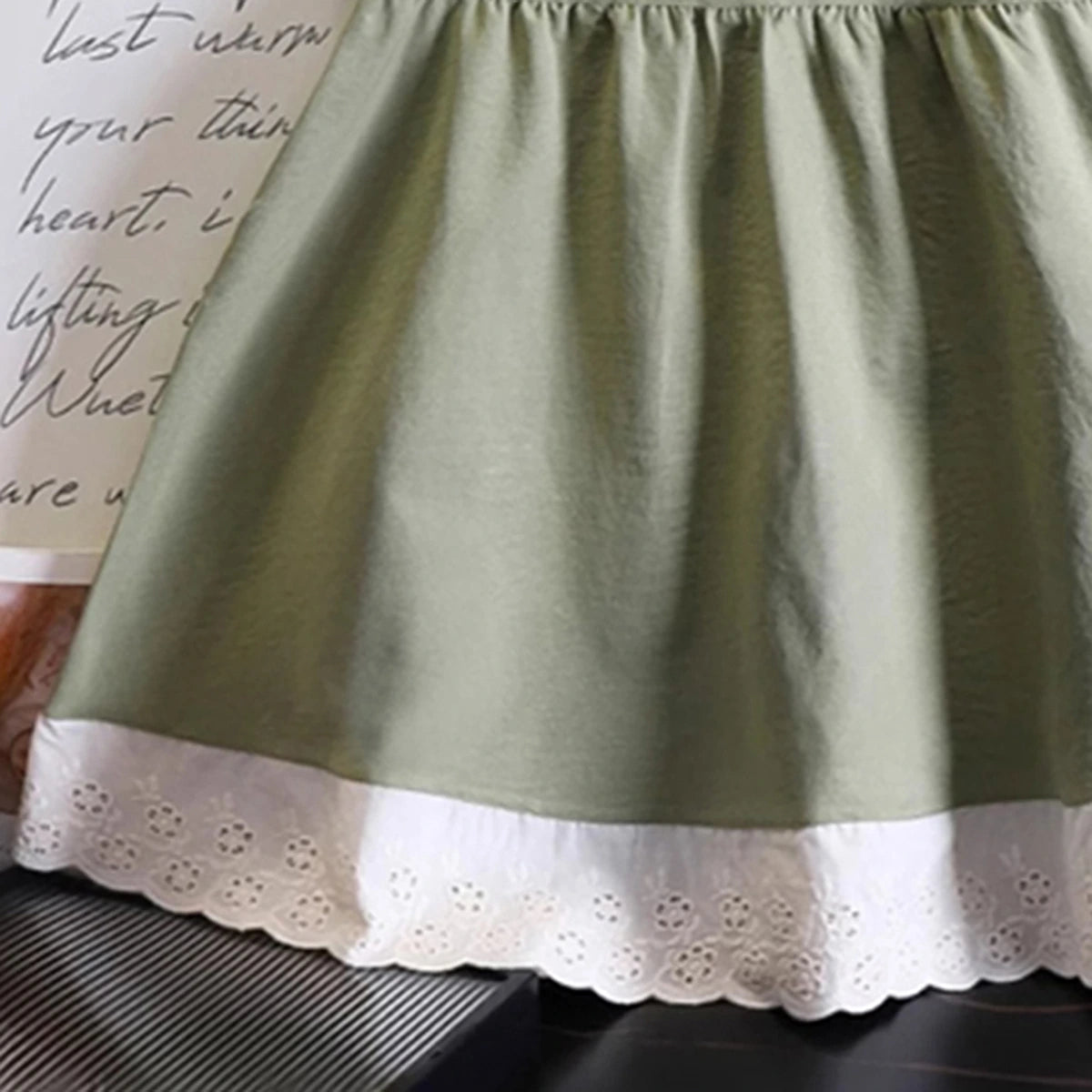 Girls Light Green Sleeveless Fit & Flare Dress With Lace Hem Casual Dresses