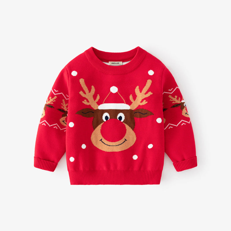 Boys Red Self-Design Christmas Reindeer Sweater Sweaters & Cardigans
