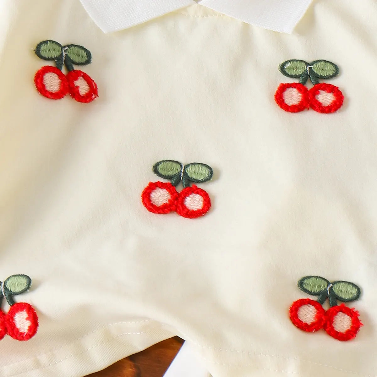 Girls Cream Cherry Embroidered Polo Top With Skirt Sets 2 pc. Sets