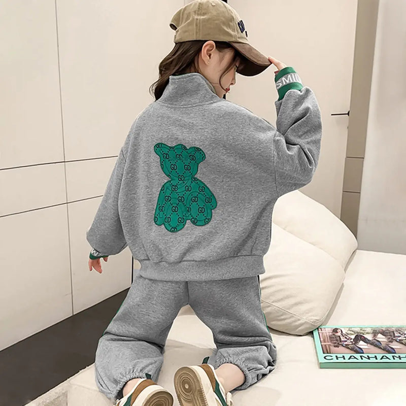 Girls Grey Bear Embroidered Zipper Jacket With Jogger Co-ord Sets Sets