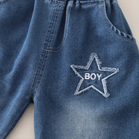 Boys Grey Distress Print Star Applique T-Shirt With Denim Shorts Sets Sets