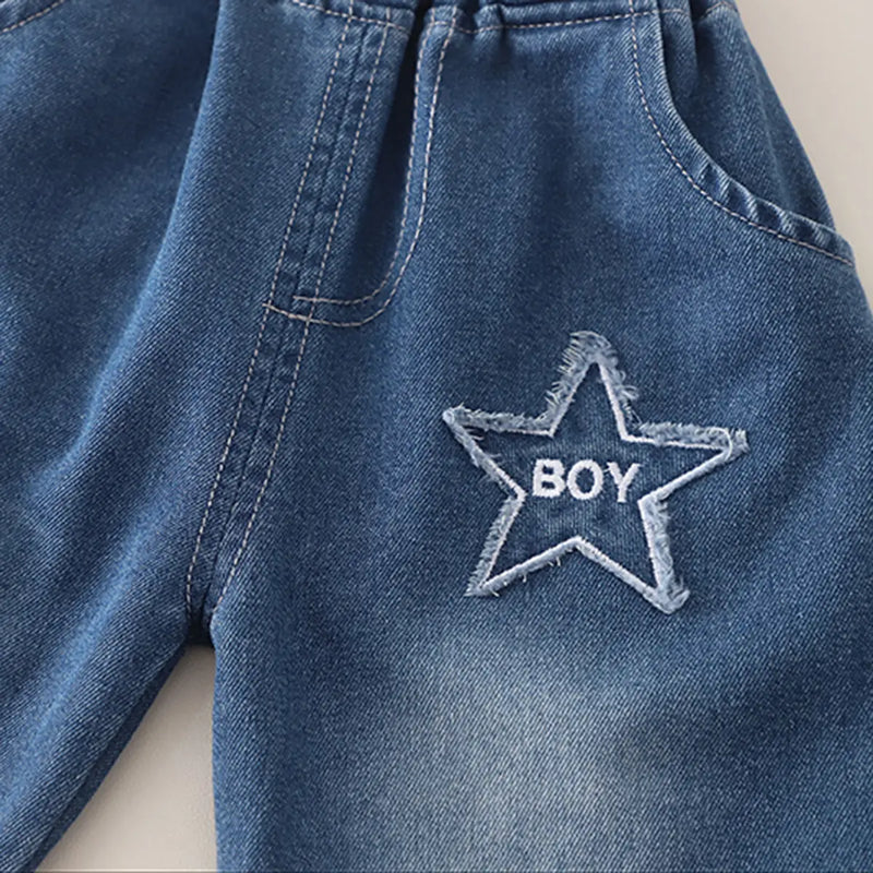 Boys Grey Distress Print Star Applique T-Shirt With Denim Shorts Sets Sets