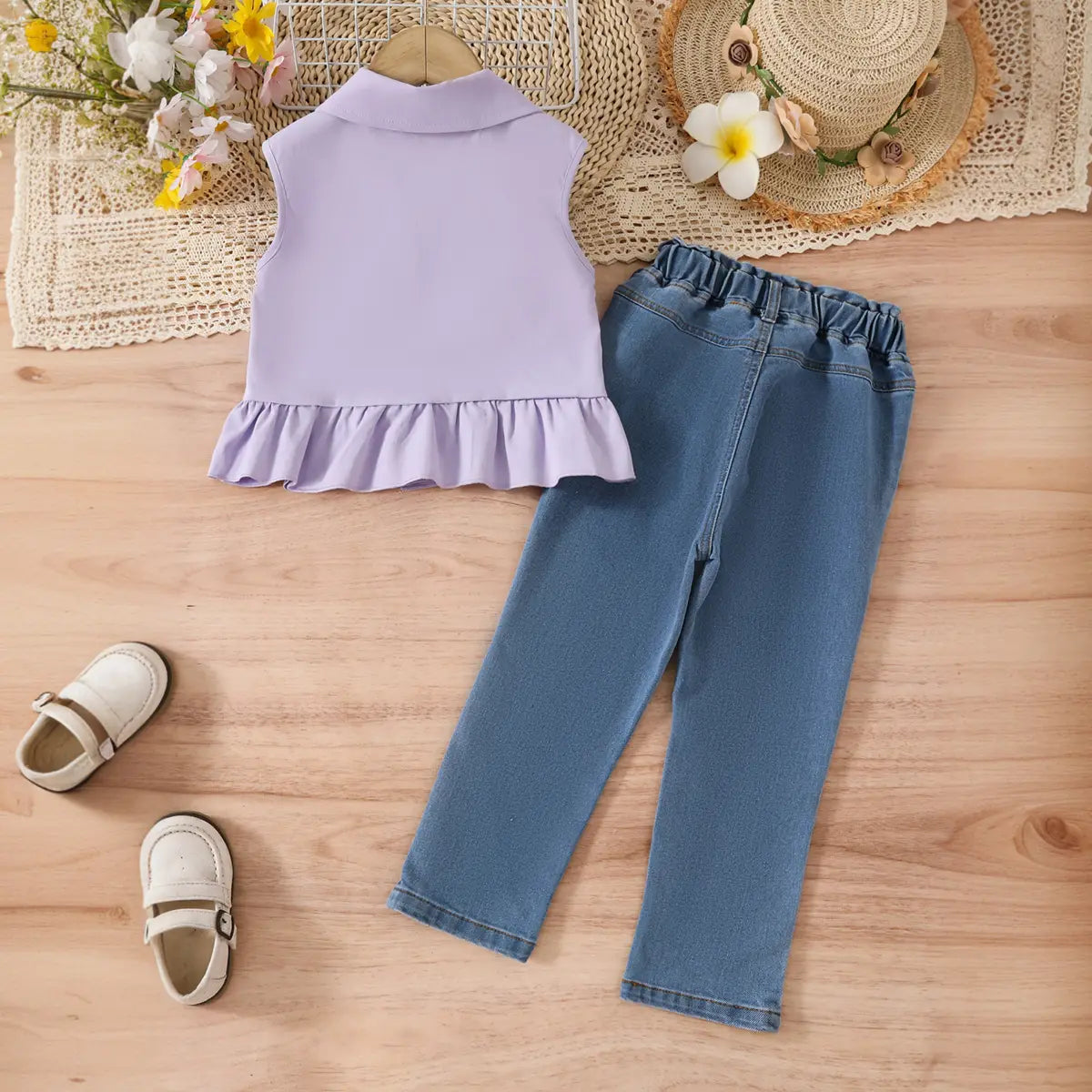 Girls Purple Sleeveless Ruffled Top With Embroidered Denim Pants Set Sets