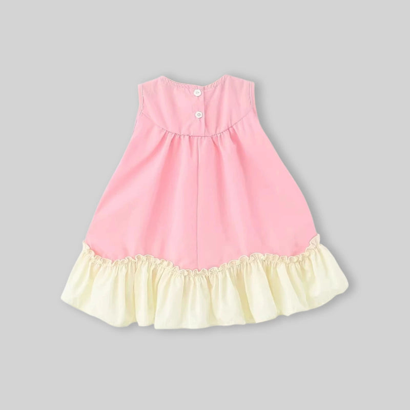 Girls Pink Floral Applique Ruffle Hem A-Line Dress Casual Dresses