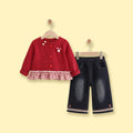 Girls Red Applique Ruffled Top With Denim Pants Sets Sets Red 1-2 Y