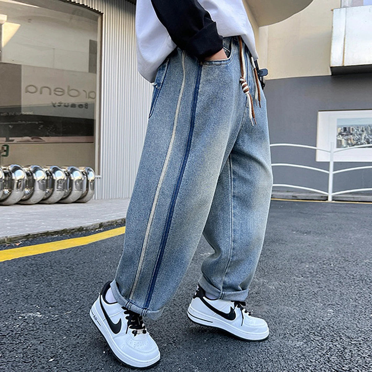 Boys Light Blue Striped Baggy Fit Denim Jeans Pants