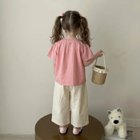 Girls Pink Puff Sleeve Button-Down Top With Pants Sets Sets