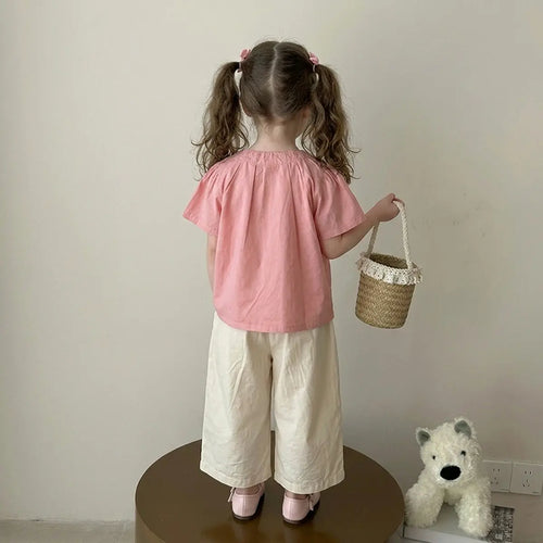 Girls Pink Puff Sleeve Button-Down Top With Pants Sets Sets