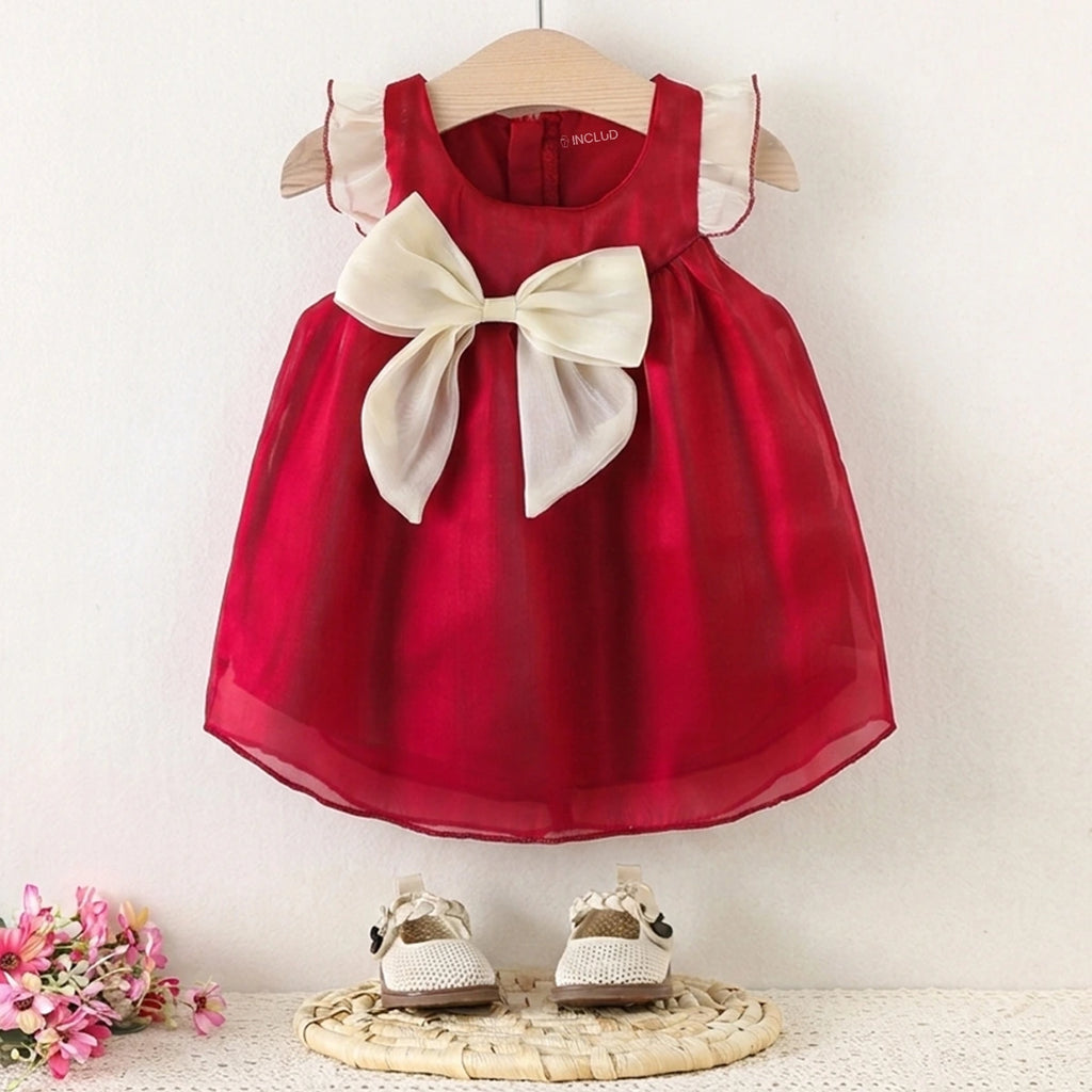 Girls Red Bow Applique A-line Dress Casual Dresses Red 1-2 Y