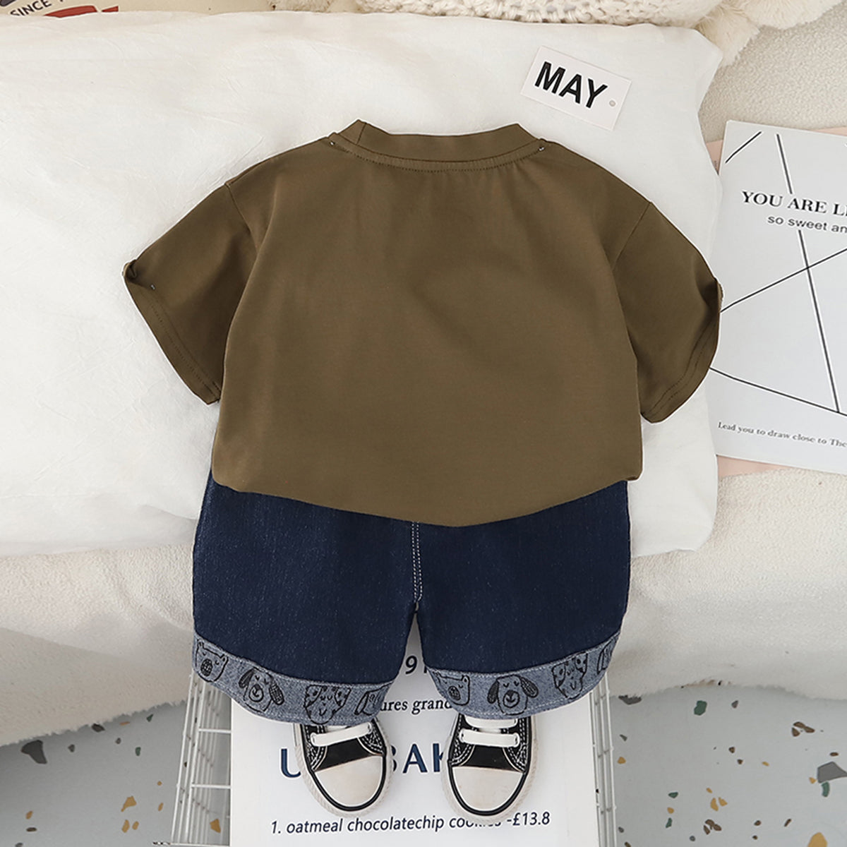 Boys Brown Animals Printed T-Shirt With Denim Shorts Set 2 pc. Sets