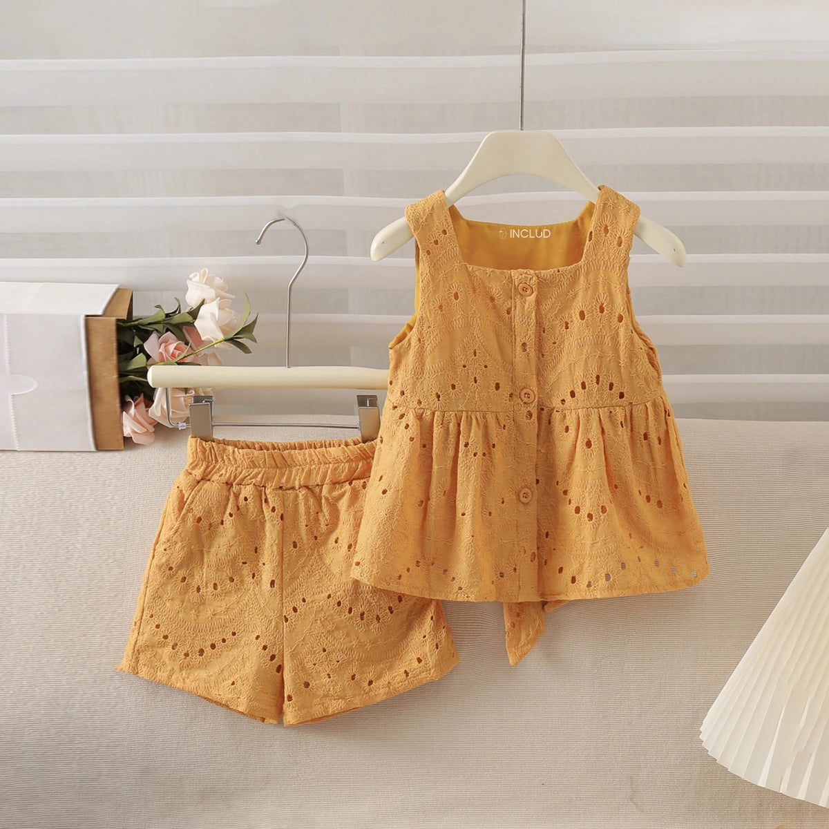 Girls Mustard Yellow Schiffli Peplum Top With Shorts Sets 2 pc. Sets Mustard 1-2 Y