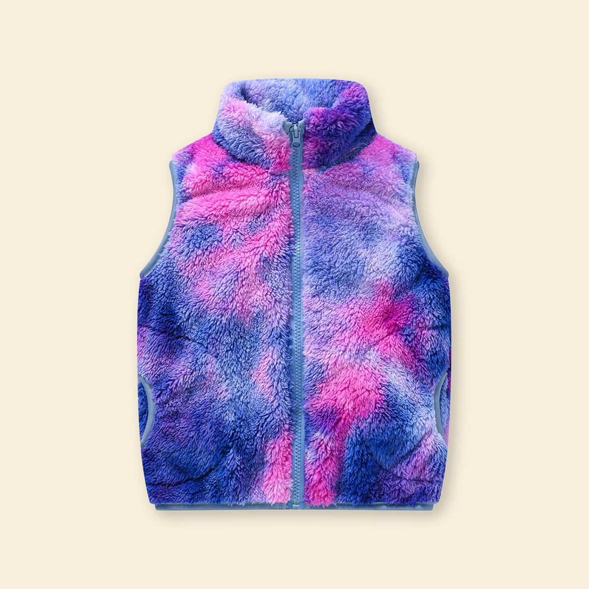 Girls Blue Tie-Dye Printed Fleece Front Zipper Sleeveless Winter Jacket Coats & Jackets