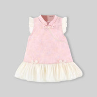Girls Pink Mandarin Collar A-Line Dress With Bow Details Casual Dresses
