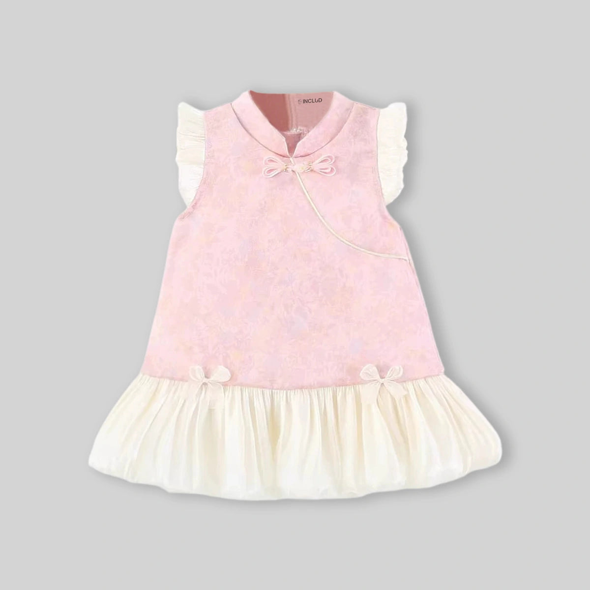 Girls Pink Mandarin Collar A-Line Dress With Bow Details Casual Dresses