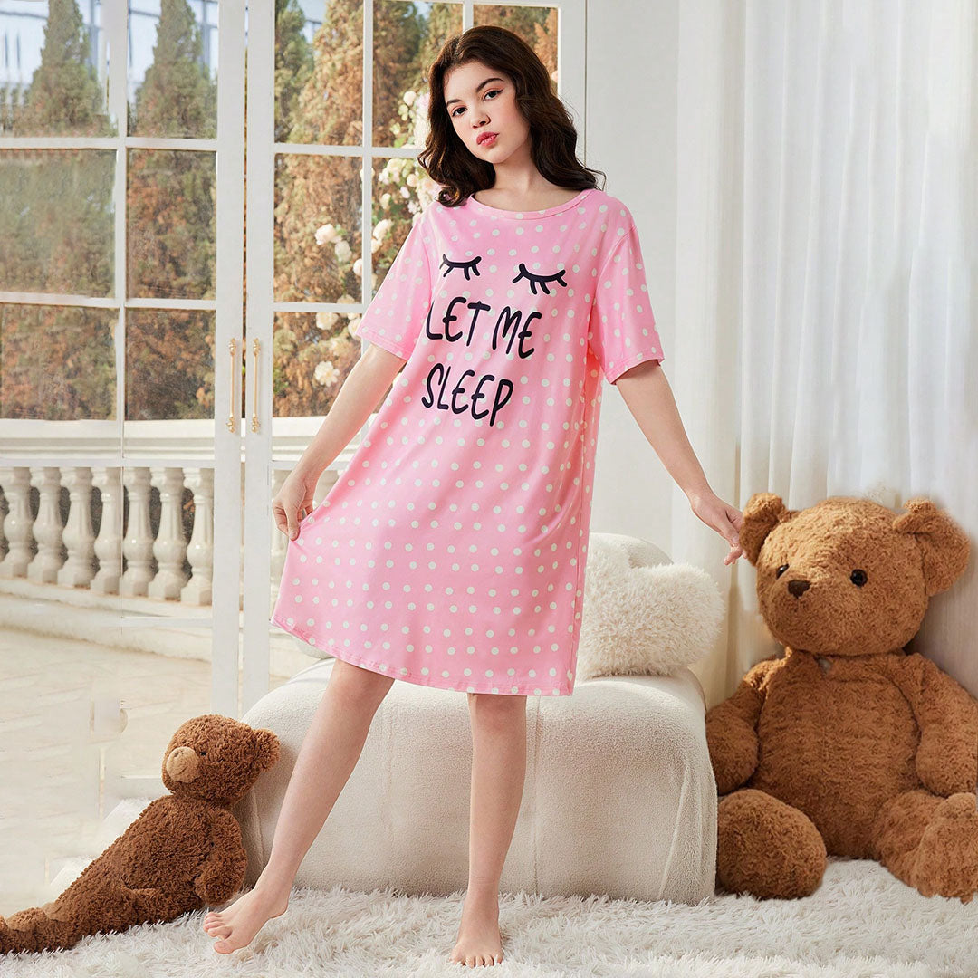 Girls Pink Polka Dot Print Night Dress Casual Dresses