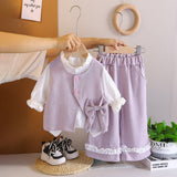 Girls Purple Textured Sleeveless Jacket With Top & Pants Set