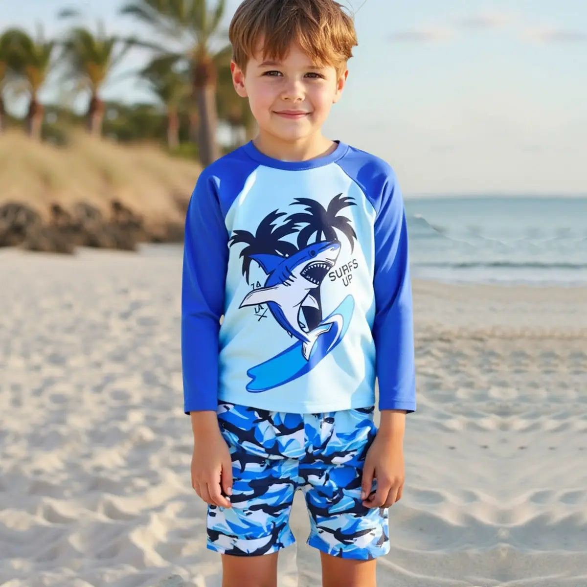 Boys Light Blue Graphics Long Sleeves T-Shirt & Shorts Swimsuit Sets Sets
