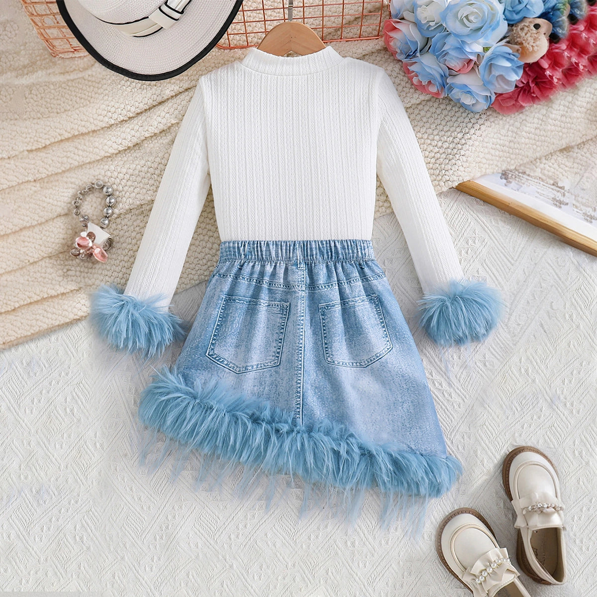 Girls White Textured Long Sleeve Top With Denim Skirt Sets 2 pc. Sets